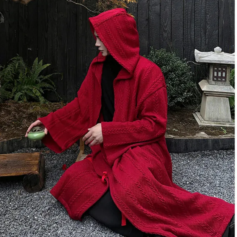 Red Color Knit Hooded Coat