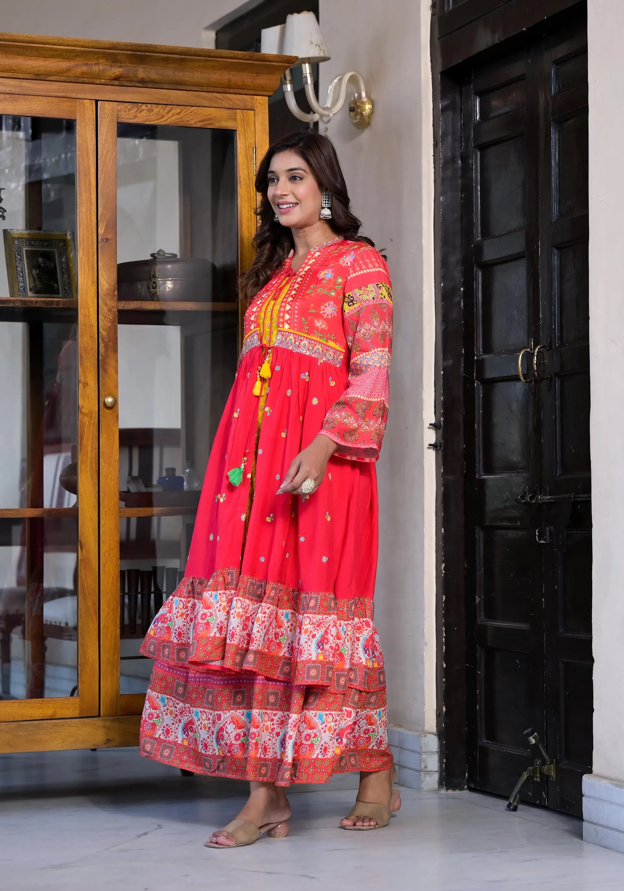 Red Floral Printed Muslin Maxi Dress With Sequins & Mirror Work And Doris