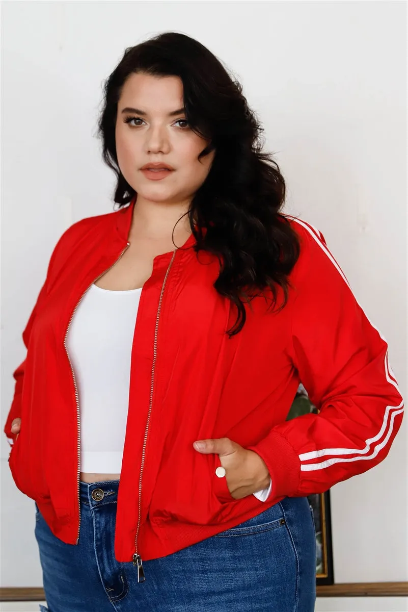 Red Retro Le Mans Stripe Trim Sporty Bomber Jacket