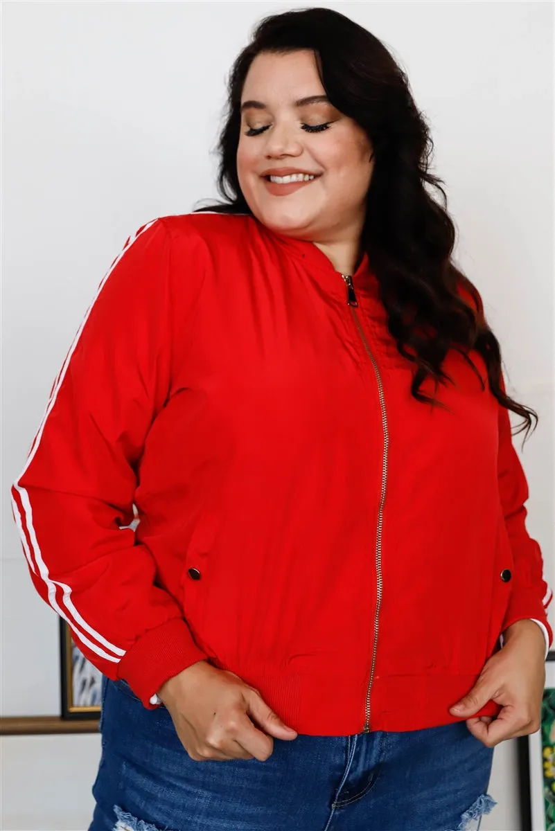 Red Retro Le Mans Stripe Trim Sporty Bomber Jacket