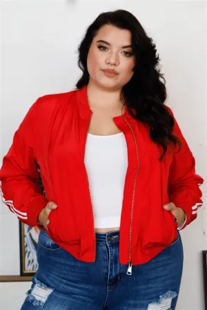 Red Retro Le Mans Stripe Trim Sporty Bomber Jacket