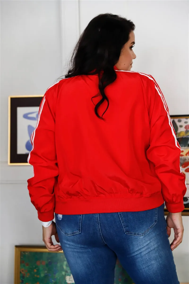 Red Retro Le Mans Stripe Trim Sporty Bomber Jacket