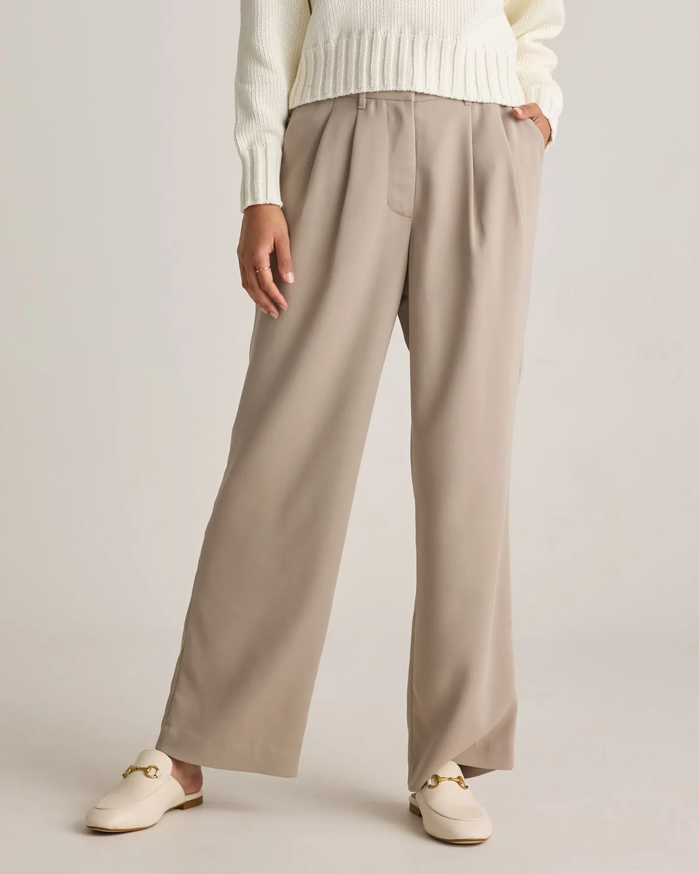 Stretch Crepe Pleated Wide Leg Pants