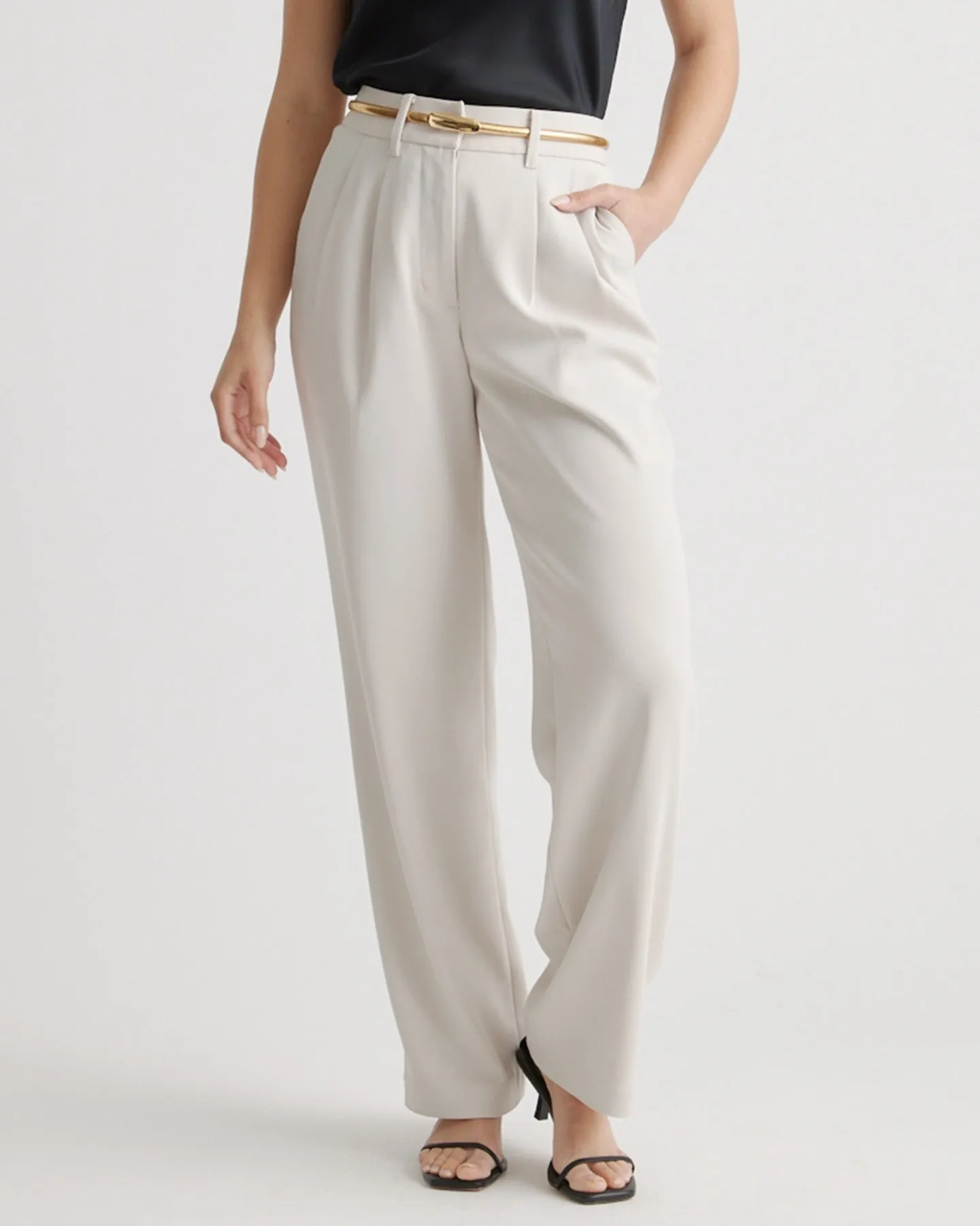 Stretch Crepe Pleated Wide Leg Pants