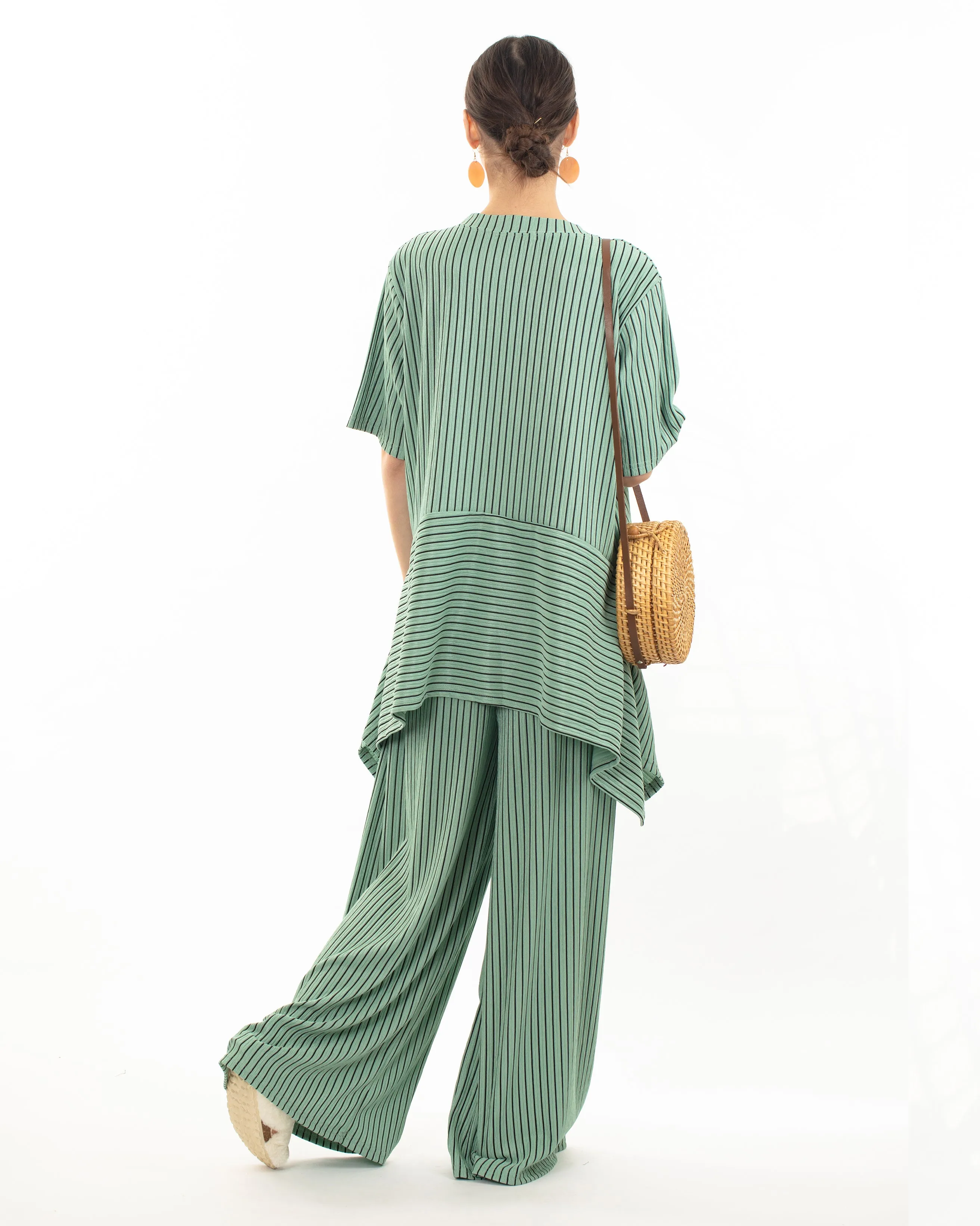 Strip print stretch-jersey top and Relaxed-fit trousers in green