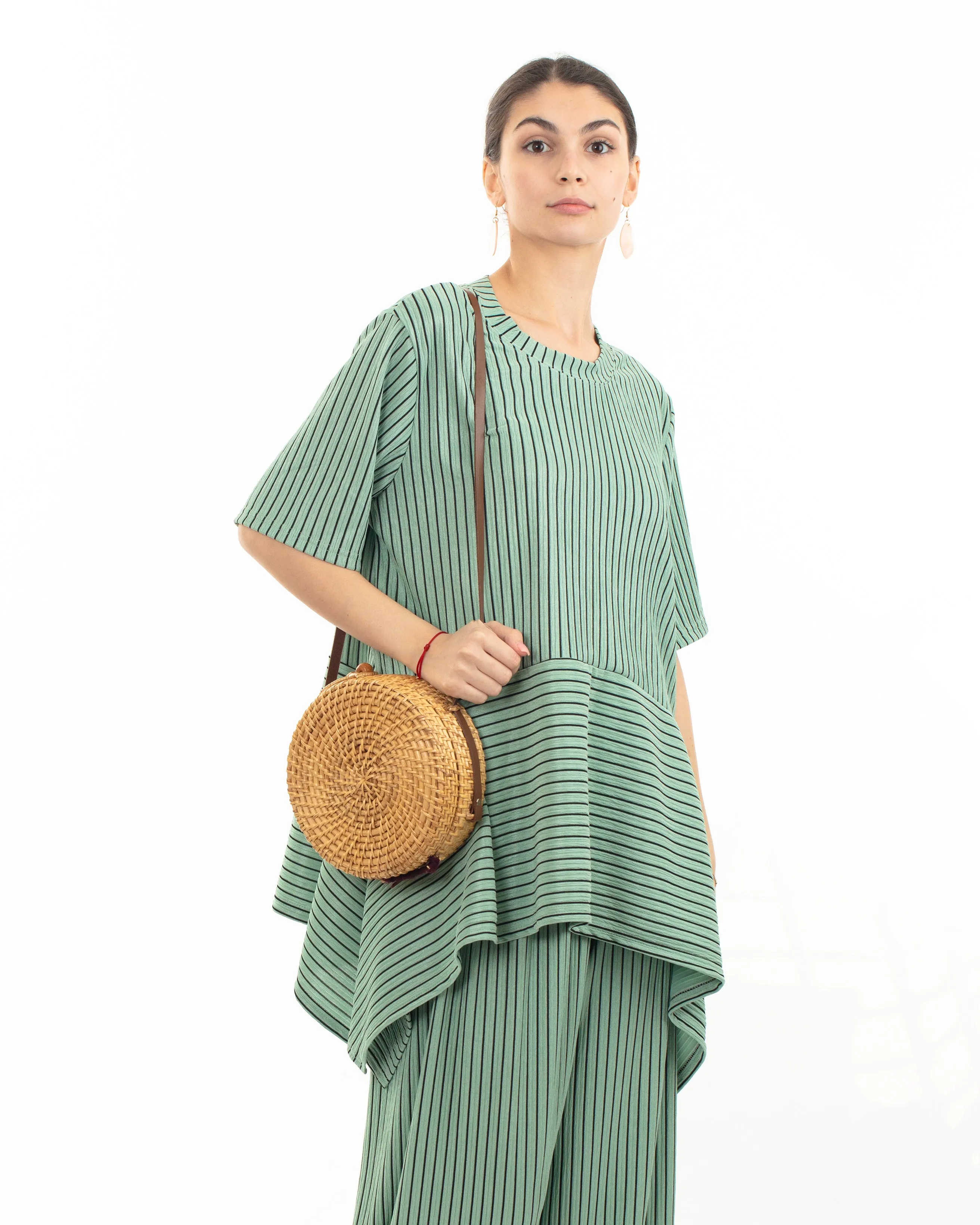 Strip print stretch-jersey top and Relaxed-fit trousers in green