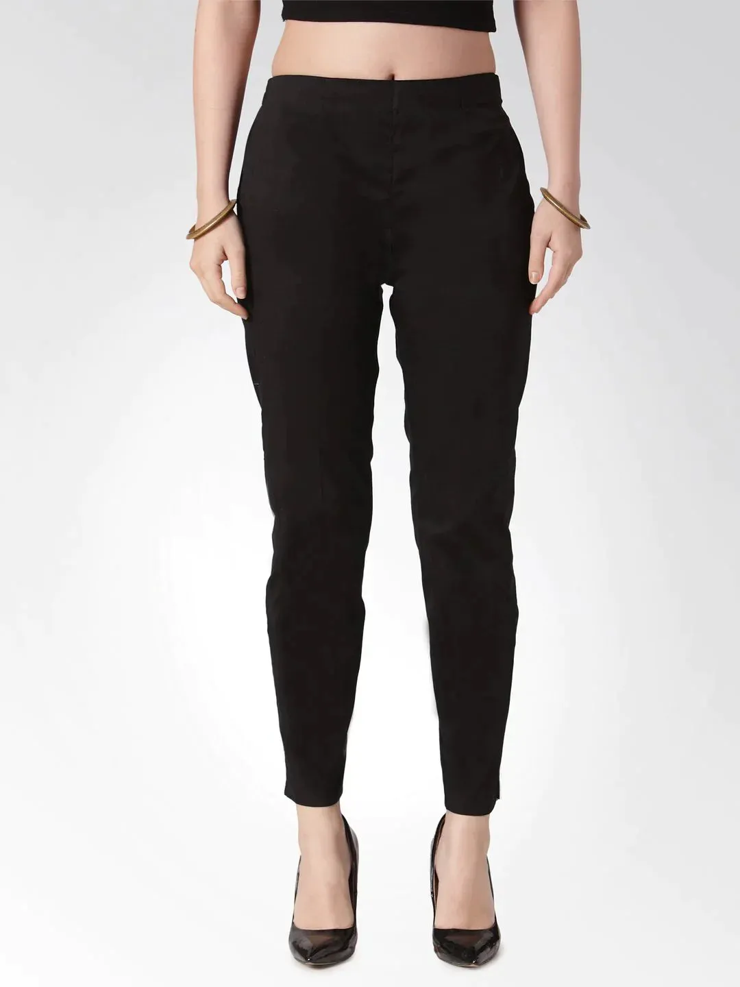 Women Black Smart Slim Fit Solid Regular Trousers