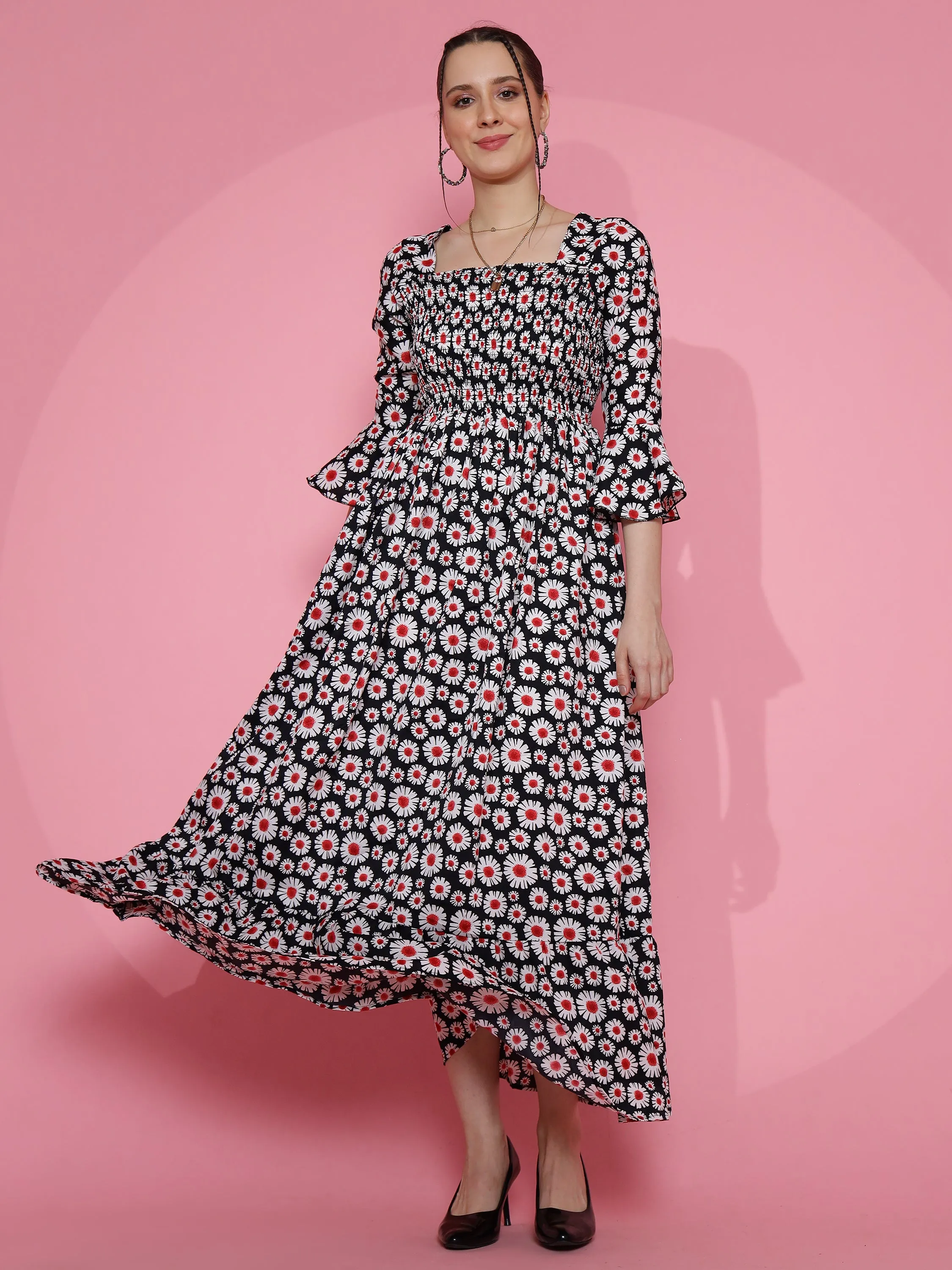 Women Royal Floral Printed Smoked Maxi Dress