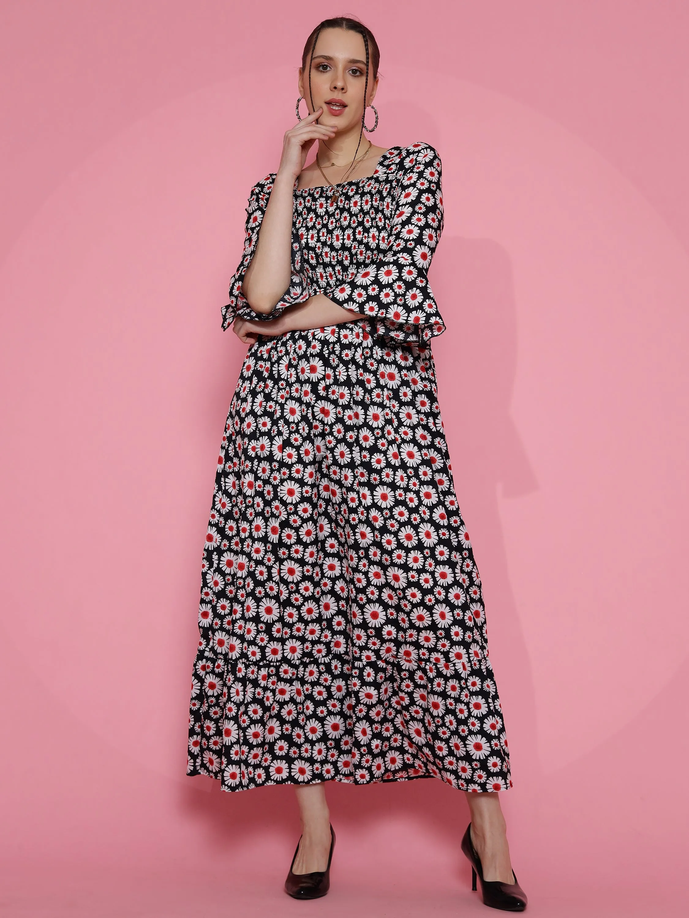 Women Royal Floral Printed Smoked Maxi Dress