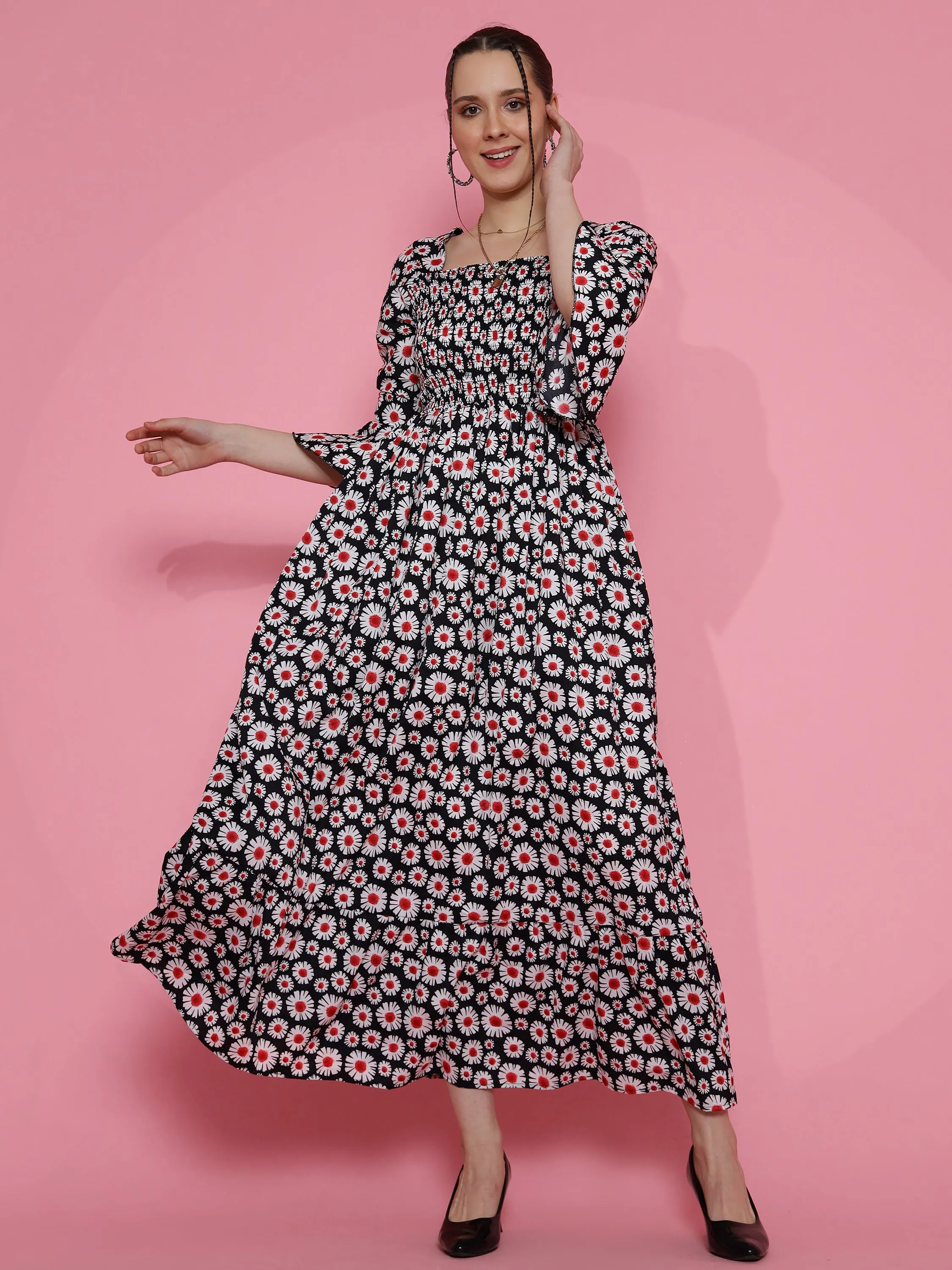 Women Royal Floral Printed Smoked Maxi Dress