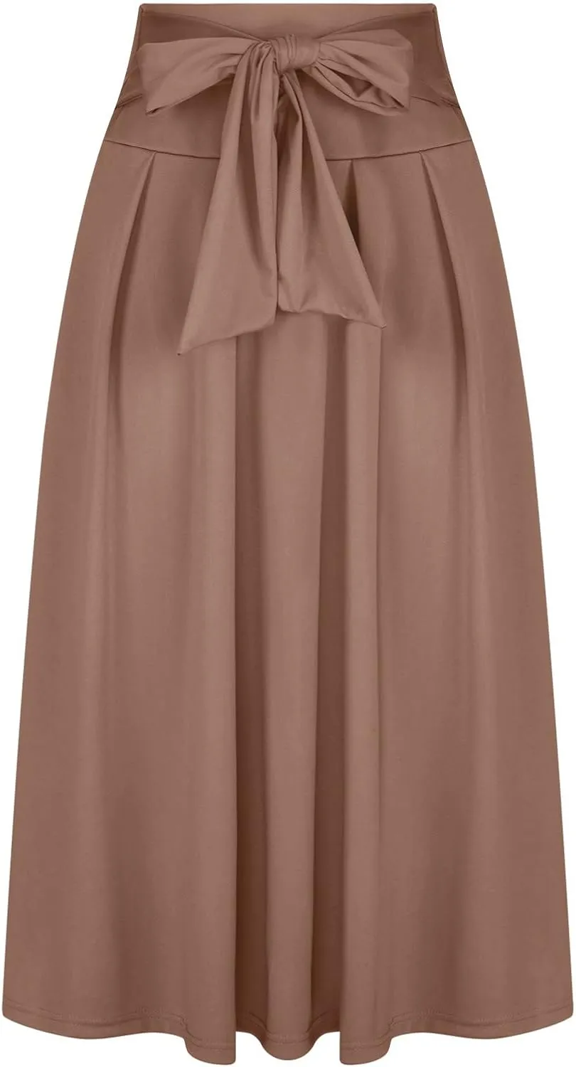 Women Trendy 2024 Bowknot Belt Waist Maxi Skirts Elegant Pleated Wrap Flared Long Swing Skirt Boho Flowy Beach Outfit