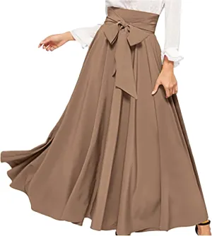Women Trendy 2024 Bowknot Belt Waist Maxi Skirts Elegant Pleated Wrap Flared Long Swing Skirt Boho Flowy Beach Outfit