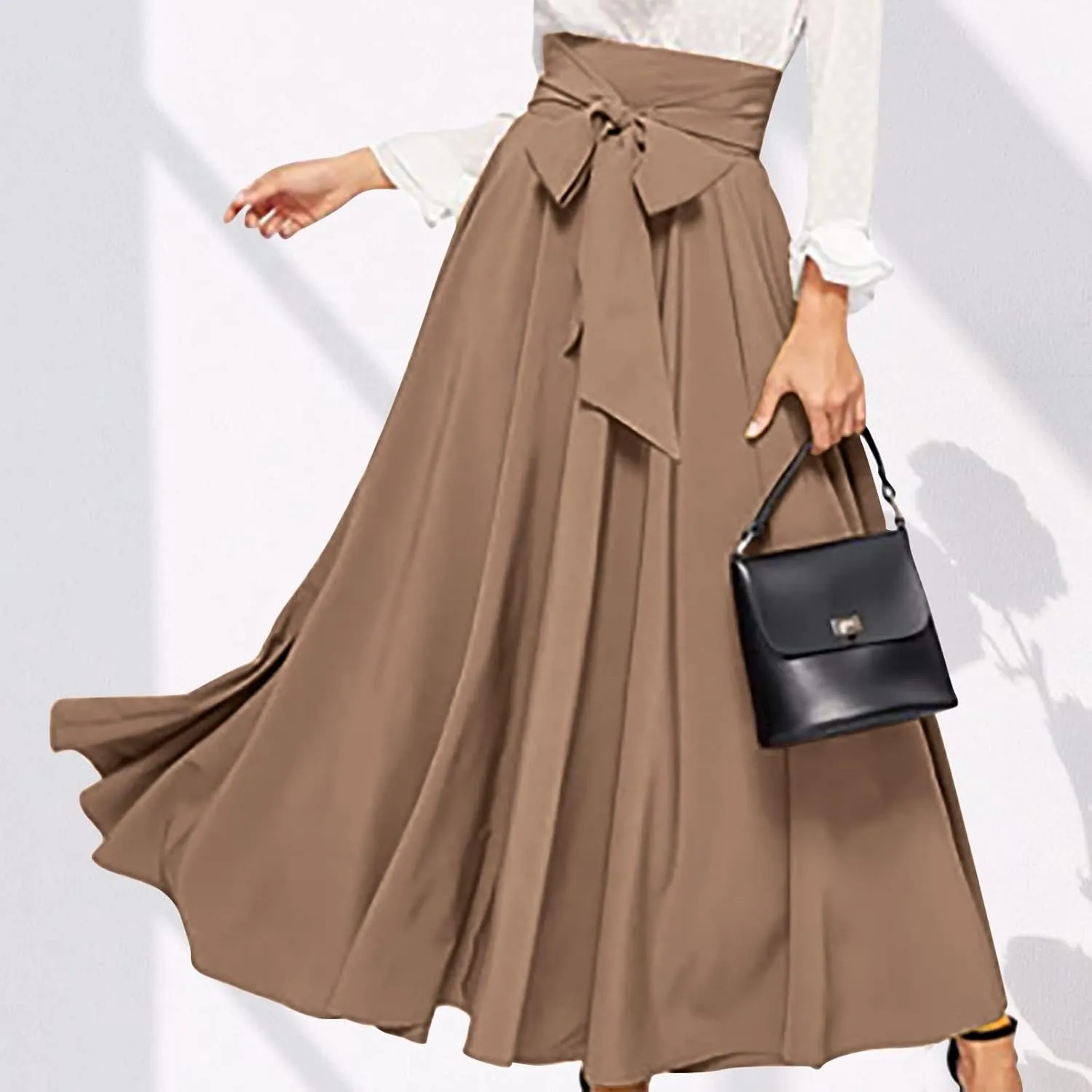 Women Trendy 2024 Bowknot Belt Waist Maxi Skirts Elegant Pleated Wrap Flared Long Swing Skirt Boho Flowy Beach Outfit