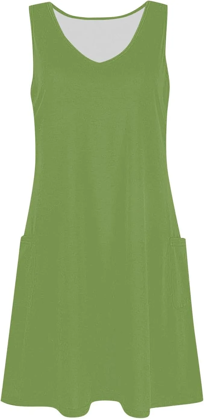 Womens Summer Dresses Trendy V Neck Sleeveless Sun Dresses Boho Tank Dress Casual Loose Fit Beach Dress with Pockets